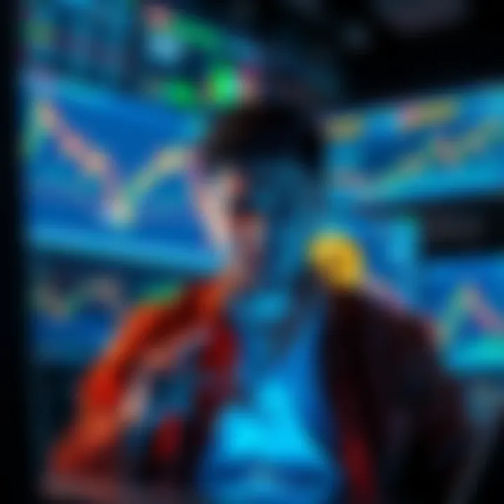 A graphic showing a steep decline in Bitcoin price with a trader looking stressed in front of multiple screens displaying cryptocurrency charts.