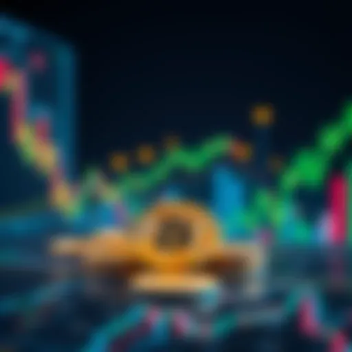 A graphic showing Bitcoin coins surrounded by financial charts and symbols, representing its rise in finance.