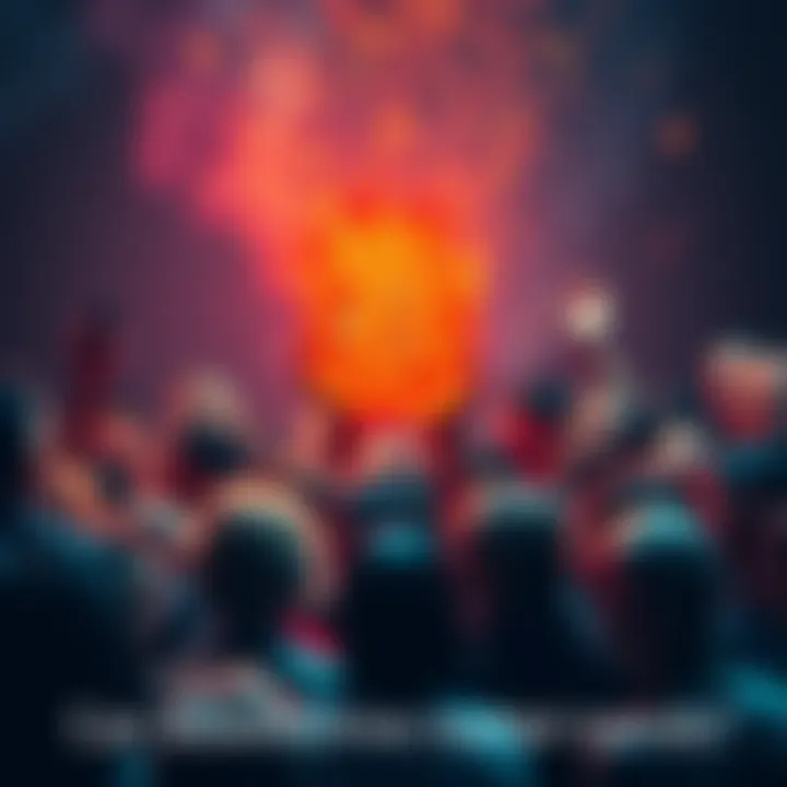 A visual representation of Bitcoin's value influenced by people's beliefs, featuring a Bitcoin symbol and a crowd of diverse people showing different emotions.