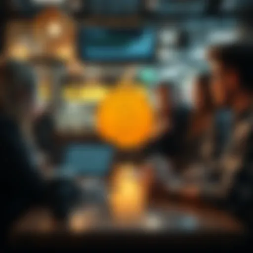 A group of people discussing Bitcoin's value at a coffee shop, showing charts and graphs on a laptop.