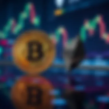 Dispute between Bitcoin and Ethereum Two cryptocurrency symbols representing Bitcoin and Ethereum with a backdrop of digital financial charts