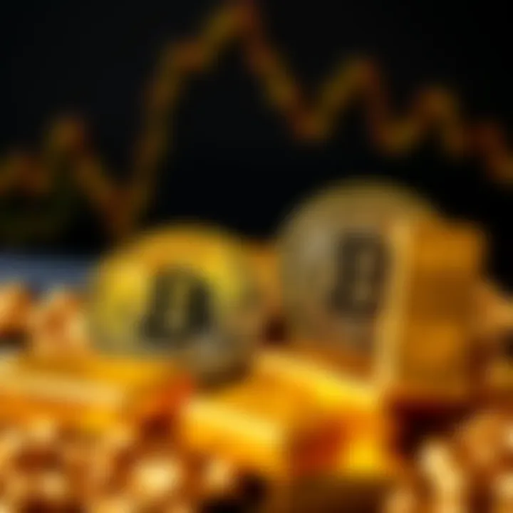 A comparison between Bitcoin and gold as investment options, showcasing Bitcoin's rising value alongside traditional gold bars.