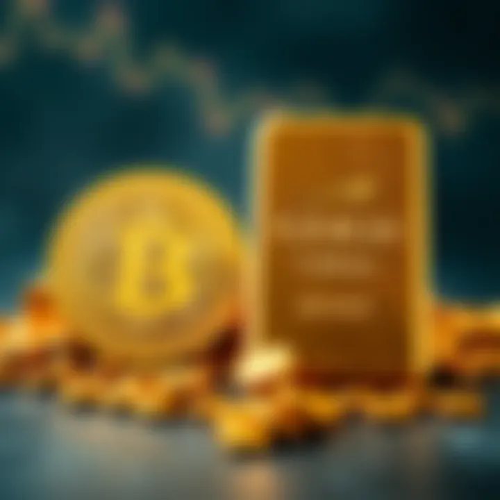 Bitcoin vs Gold Investment A visual comparison of Bitcoin and gold as investment options, featuring a Bitcoin symbol and a gold bar side by side, highlighting their differences.