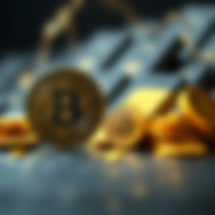 A visual comparison of Bitcoin and gold market capitalizations, showing Bitcoin as smaller than gold, with coins and gold bars in the background.