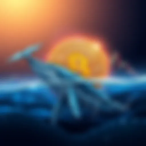 An illustration showing a Bitcoin whale symbolizing a major investor taking a short position, with declining price charts in the background.