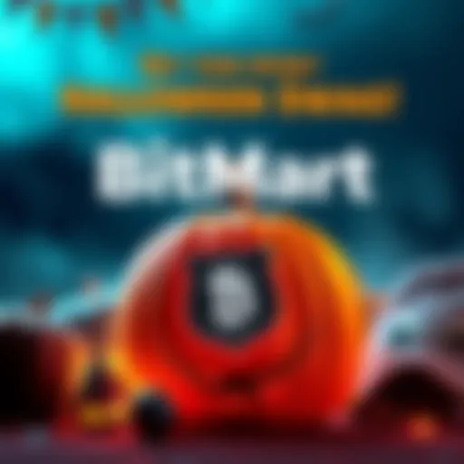 A Halloween-themed collection of BitMart merchandise including a pumpkin, spooky logo, and themed apparel