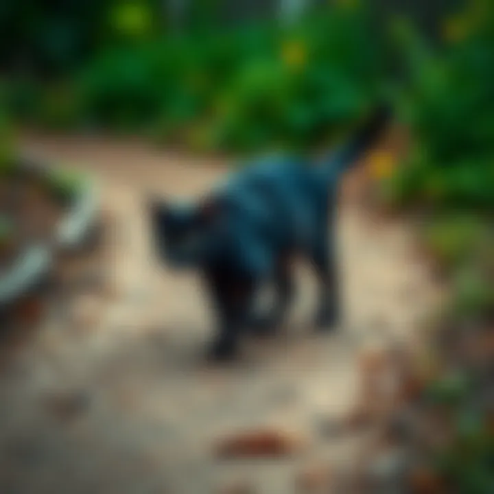 A black cat walks across a dirt path, symbolizing superstition about bad luck.