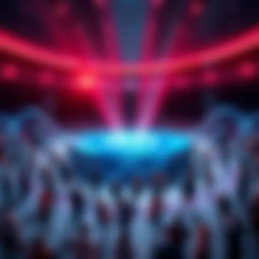 A visual representation of a token launch with community support, showing a digital pool symbolizing Genesis Pools, surrounded by people engaging and collaborating.