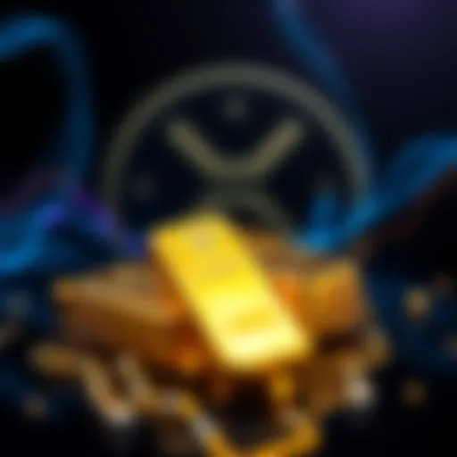 Graphic showing gold bars being transformed into digital tokens, with XRP logo in the background