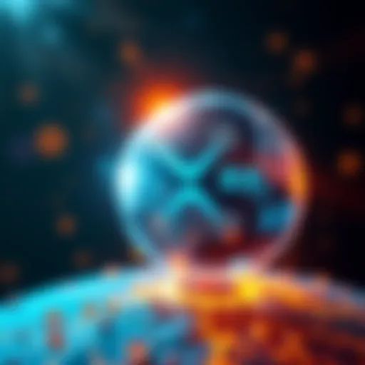 A digital representation of blockchain technology and XRP symbol, showcasing fast and low-cost cross-border transactions with a globe in the background.