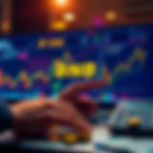 A person analyzing financial charts related to BNB, with coins and a calculator nearby to represent asset management.