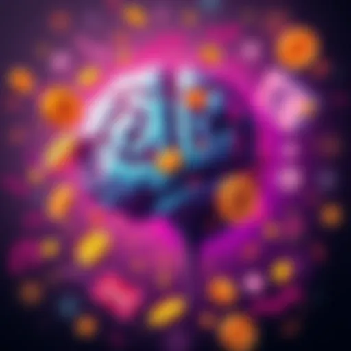 Illustration of a human brain surrounded by cryptocurrency coins and meme stock symbols, showing emotional and cognitive reactions.