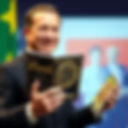 Brazil's Vice President holding a Bitcoin book while smiling, suggesting an interest in cryptocurrency