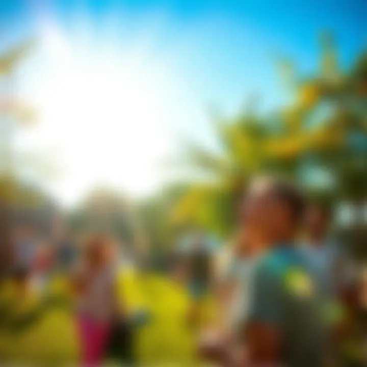 A sunny afternoon scene with people smiling and enjoying the day in a park setting