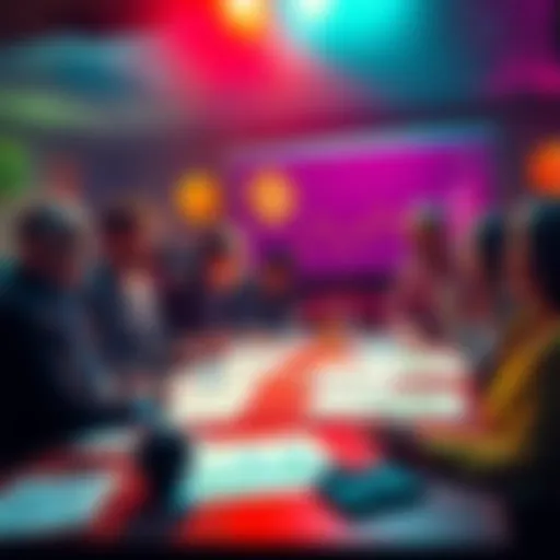 A group of people discussing the block size of BTC Cash with charts and graphs on a table, representing diverse opinions on cryptocurrency's future.