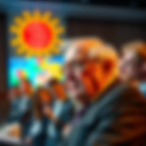 Warren Buffett speaking at an event about his views on cryptocurrency, with people listening attentively in the background.