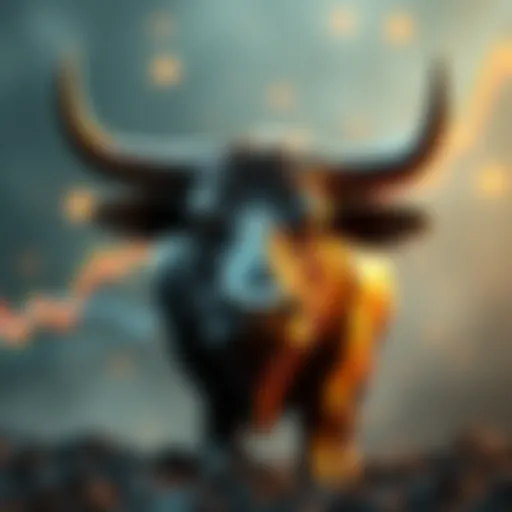 A graphical representation of a bull symbolizing rising cryptocurrency values with upward trends in the background, highlighting the excitement in the market regarding XRP.