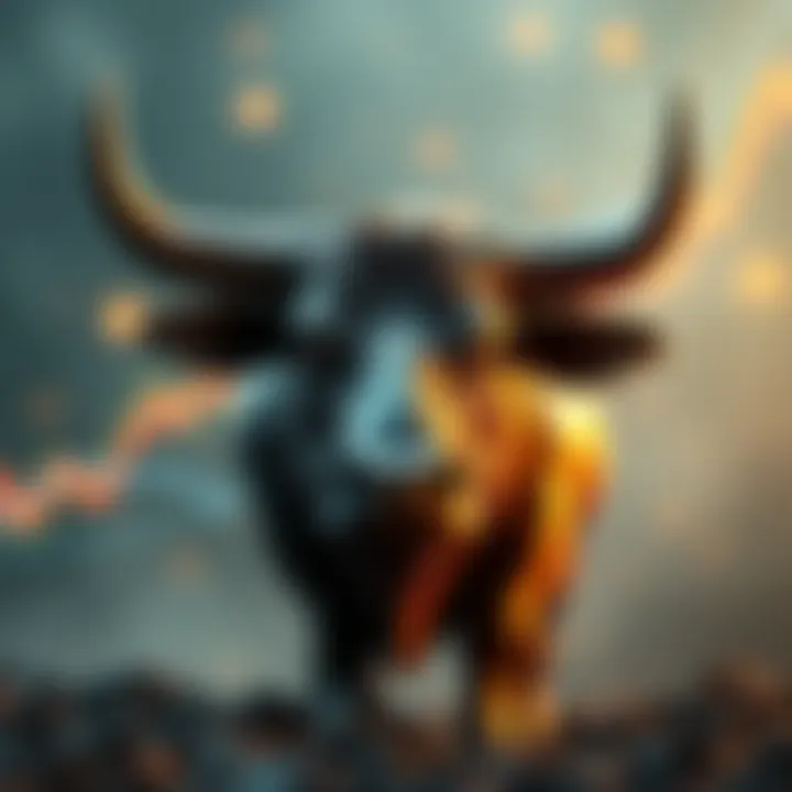 A graphical representation of a bull symbolizing rising cryptocurrency values with upward trends in the background, highlighting the excitement in the market regarding XRP.