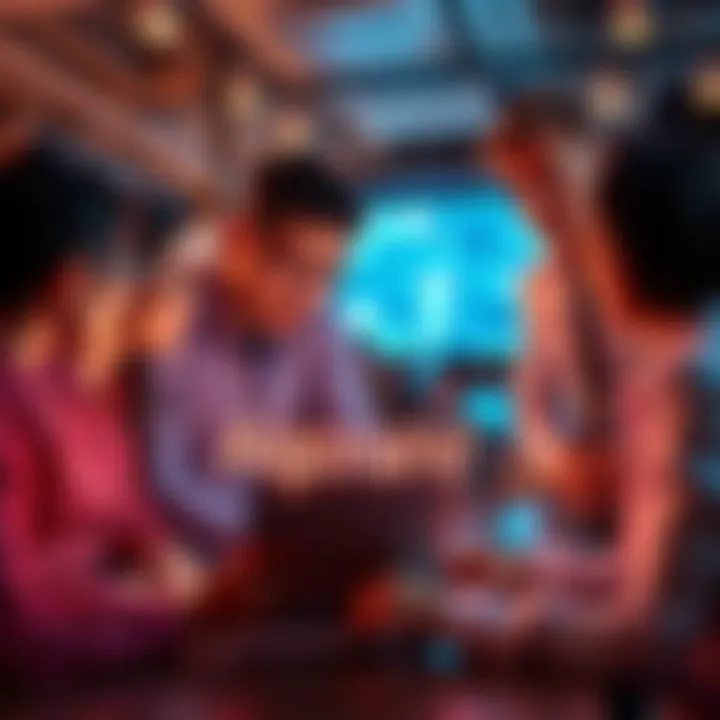 A group of diverse business people collaborating over a laptop displaying Algorand technology
