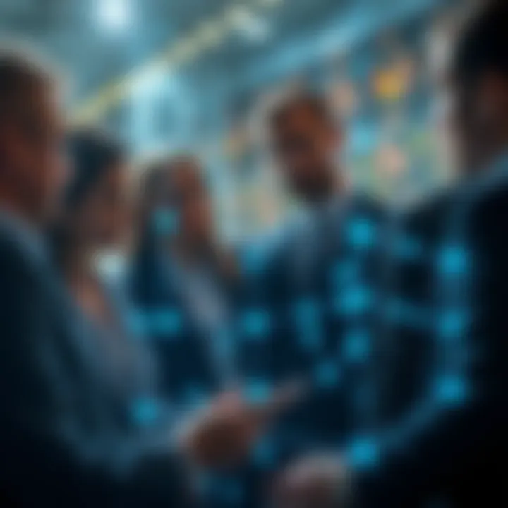 A group of professionals discussing business strategies while connected to a digital network interface, showcasing the advantages of Deeper Network for secure and efficient communication.