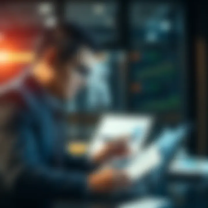 A businessman examining financial graphs on a laptop, representing roundtripping profit in business strategies.