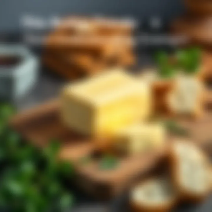 A block of butter placed on a rustic wooden board, surrounded by fresh herbs and bread slices, showcasing its culinary appeal.