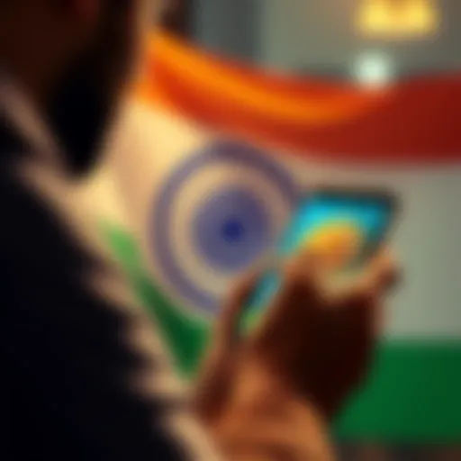 A person using a smartphone to buy Bitcoin with an Indian flag in the background