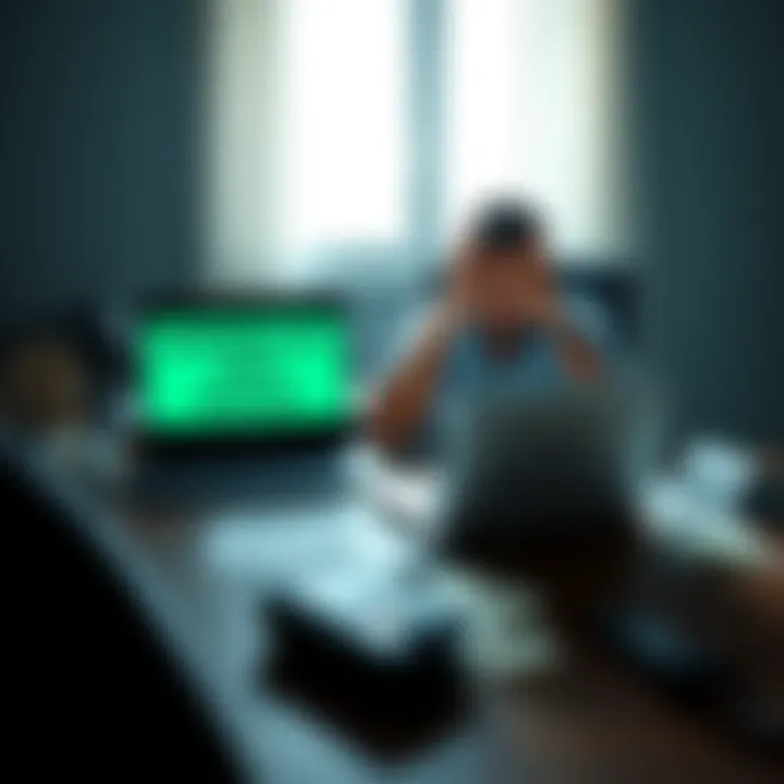 Buyer warning about Hexminers scam A frustrated buyer sits at a desk with a laptop, showing a message about the Hexminers scam. Empty wallet and receipts are visible on the table, symbolizing financial loss.