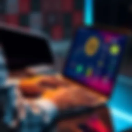 A person using a laptop to buy Bitcoin with a cryptocurrency exchange platform, featuring a digital wallet interface without KYC requirements.