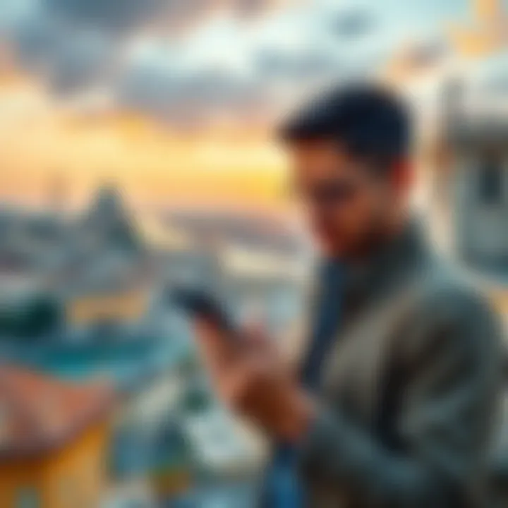 A person using a smartphone to purchase cryptocurrency with an Italian city skyline in the background.