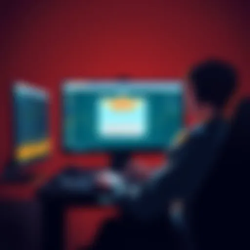 A person sitting at a computer using a VPN, with a burner email open on the screen, planning to purchase Bitcoin safely.