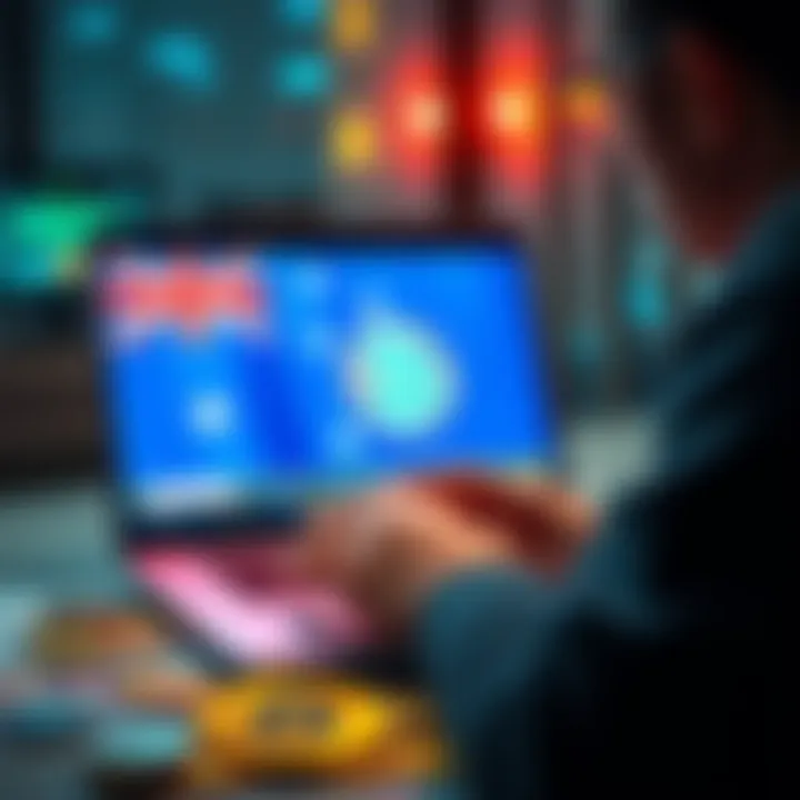 A person looking at a laptop with a Bitcoin logo on the screen, surrounded by Australian currency notes and coins.