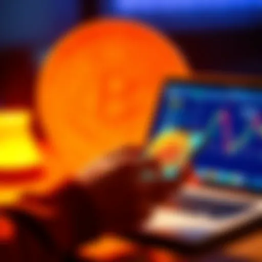 A person using a smartphone to buy Bitcoin on a peer-to-peer platform with a laptop and Bitcoin symbol in the background