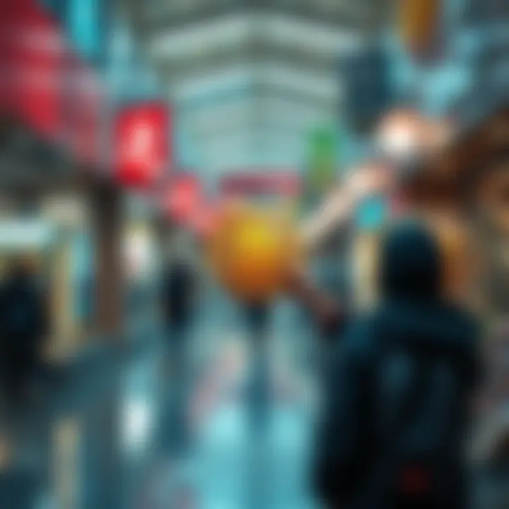 A person in a shopping center looking at a Bitcoin kiosk during lunchtime instead of buying food