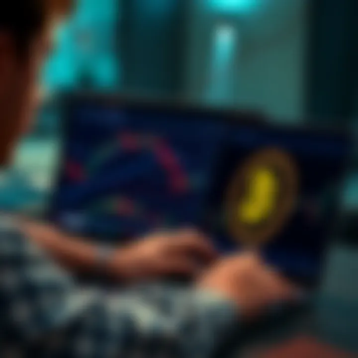 A person looking frustrated while trying to buy Bitcoin on a laptop, with financial charts and a Bitcoin logo on the screen.