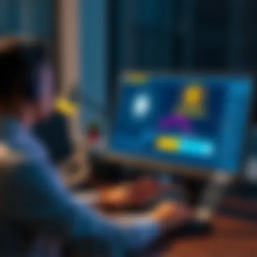 A person sitting at a computer, easily purchasing Monero without KYC requirements, showing a digital wallet and XMR logo on screen.
