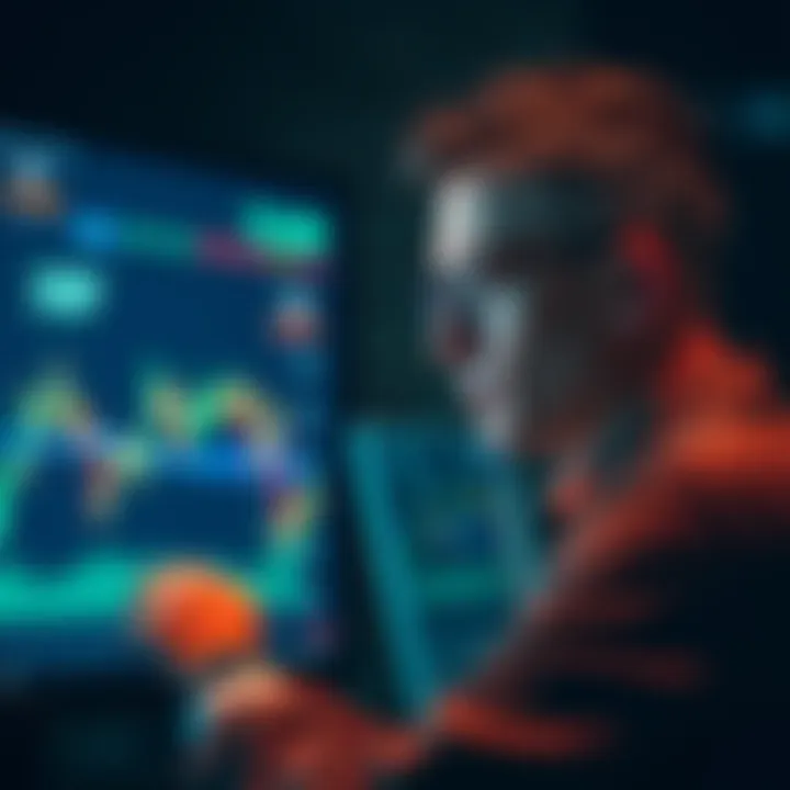 A calm investor looking at a fluctuating XRP chart on a screen, symbolizing patience in market downturns.