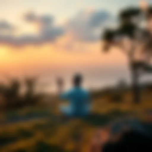 A person sitting peacefully in a meditative pose, surrounded by nature, promoting calmness during a crisis.