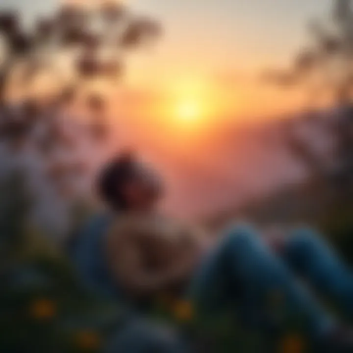 A calm person sitting in a peaceful setting, surrounded by nature, taking deep breaths to relax during a market downturn