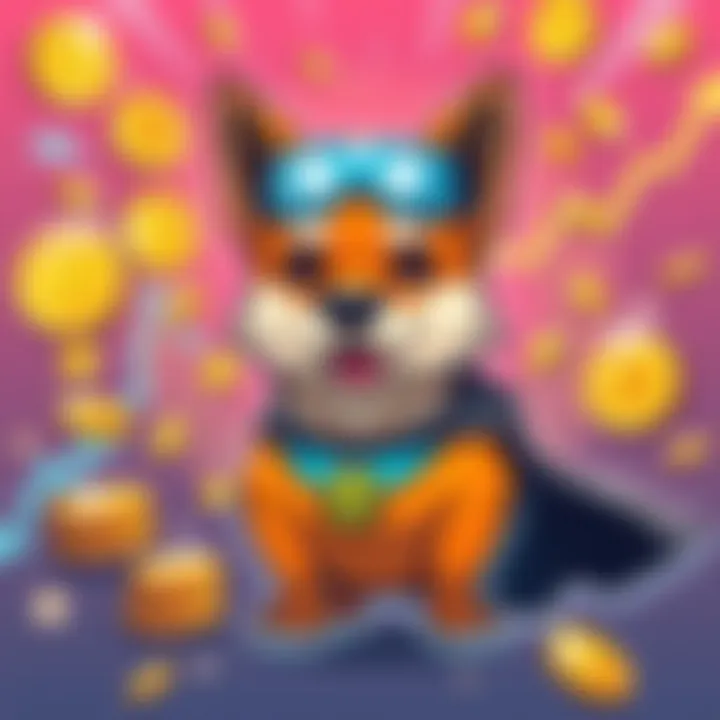 A colorful cartoon character of a dog wearing a superhero cape, representing Captain Dogecoin, surrounded by cryptocurrency symbols like coins and graphs, symbolizing excitement in the crypto market.