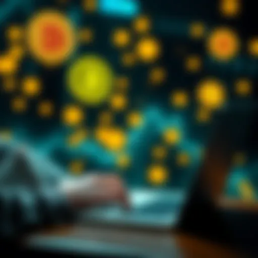 A person using a laptop to cash out Bitcoin anonymously, with digital currency symbols in the background