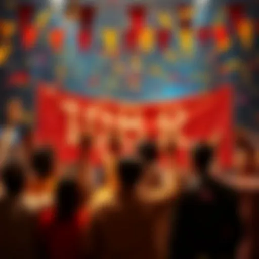 A group of people celebrating the achievement of 10,000 HBAR with confetti and banners