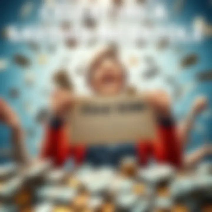 A person joyfully holding a sign that says 'First $500' while surrounded by dollar bills and coins, representing financial achievement.