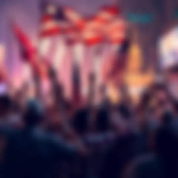 A diverse group of people celebrating with flags and banners, symbolizing pride and unity in America, representing a sense of winning in 2025.