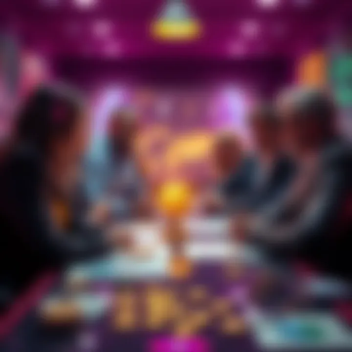 A group of celebrities discussing cryptocurrency with charts and coins on a table
