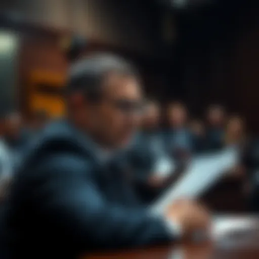 A digital asset CEO in court during a fraud trial, with a serious expression and legal documents on the table.