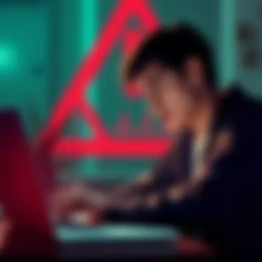 A person looking worried while checking their investment on a laptop, with a red alert symbol in the background