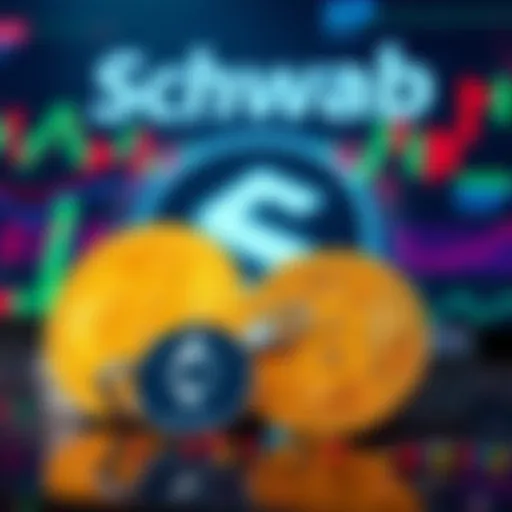 A digital representation of Bitcoin and Ether coins with the Charles Schwab logo in the background