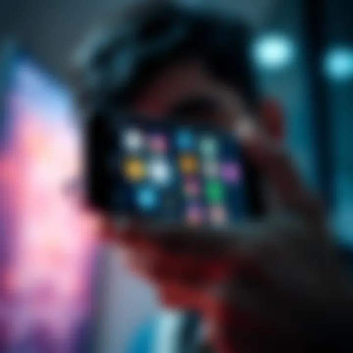 A person looking at a smartphone with app icons, analyzing their legitimacy