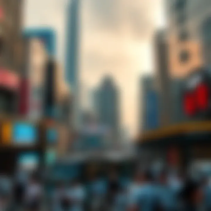 A bustling financial district in China with skyscrapers and busy streets, representing China's impact on global markets.